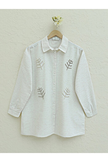 Modamorfo Linen Shirt - Leaf Motif and Pearl, Stone Color