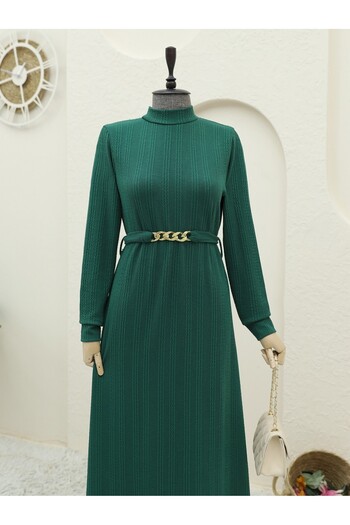 Modamorfo Φόρεμα με μακρύ γιακά και ζώνη Lycra - Emerald