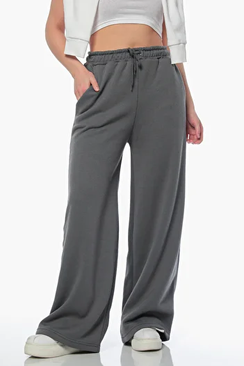julude Smoked Women's Waist Lace-Up Three Thread Ribbed Wide Leg Palazzo Bottom Tracksuit