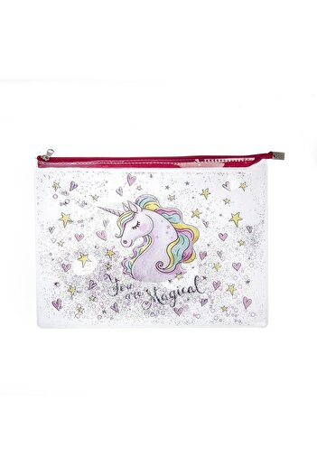 VUKİ Unicorn glitter and water zippered transparent a4 file