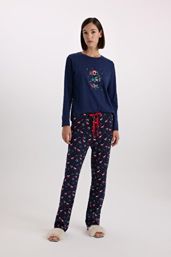DeFacto New Year's Themed Stretchy Pajamas Set - Long Sleeve, Waisted D2291Ax24Wn