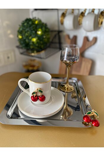 atabey home collection Metal Casting Silver Tray - Coffee, Tea and Presentation Tray with Cherry Accessories 2 Pcs