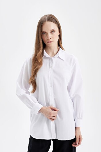 DeFacto Relax Fit White Poplin πουκάμισο τουνίκ - Μακρυμάνικο, γιακάς πουκάμισου D4159ax24au