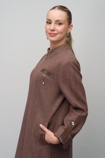 Olcay Oversize Melange Coffee Coat - Δέρμα & Αξεσουάρ Λεπτομέρειες, Μάλλινο Μείγμα 6629