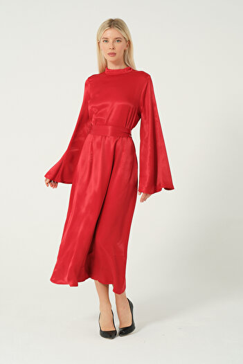 eva clothing Women's Satin Waist Belted Midi Dress 1234669 Eva-1