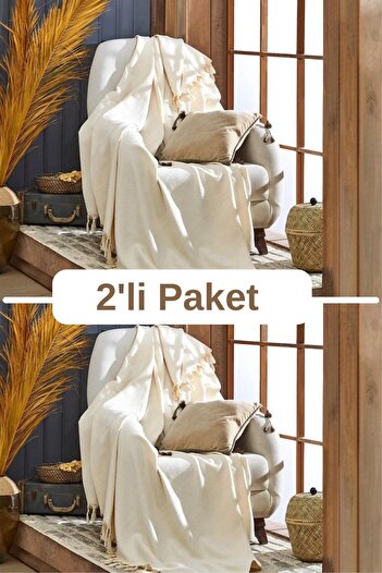 Miracolo Home 2li Ekru Pamuklu Tekli Koltuk Ve Berjer Örtüsü - Tv Battaniyesi Throw  120*150 Cm. Saçakları Bağlı