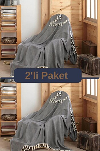 Miracolo Home 2li Siyah Pamuklu Tekli Koltuk Ve Berjer Örtüsü - Tv Battaniyesi Throw  120*150 Cm. Saçakları Bağlı