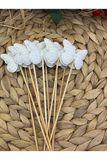 Deniz Party Store Off White Pullu Butterfly Long Toothpick 16 cm 10 Pieces