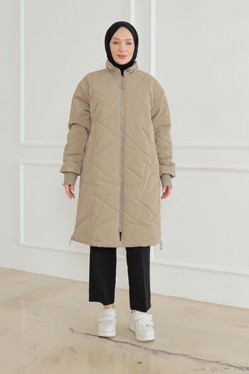 Armine Trend Ribbed Sleeves Quilted Detailed Coat-Mink 24Kt726