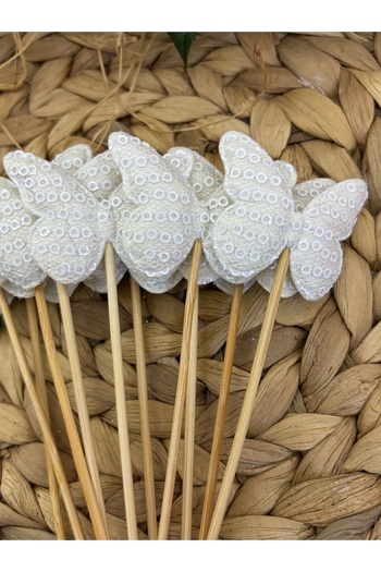 Deniz Party Store Off White Pullu Butterfly Long Toothpick 16 cm 10 Pieces
