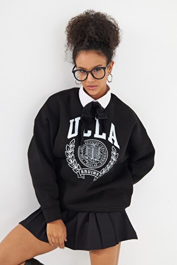 The Champ Clothing Ucla Text Printed Crew Neck Fleece Inside Oversize Cut Unisex Μαύρο φούτερ