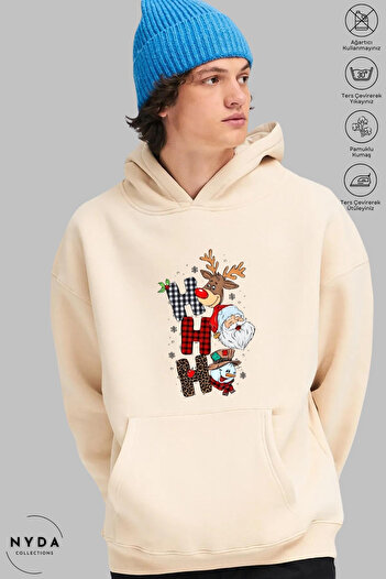 Nyda Collections Χριστουγεννιάτικο εμπριμέ Unisex φούτερ - Μακρυμάνικο, με κουκούλα, υπερμεγέθη βαμβακερό φούτερ