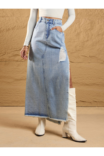 Sassafras By Styli Distressed Side Slit Denim Maxi Skirt
