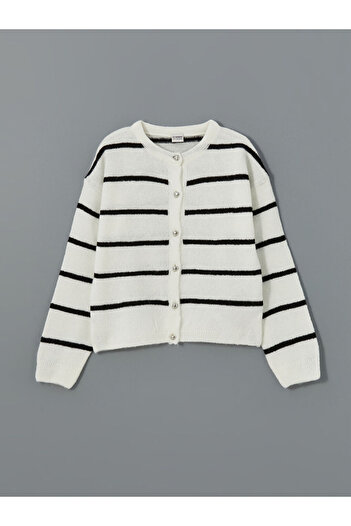 LC Waikiki Lcw Kids Ecru Crew Neck Girl's Knitwear Cardigan