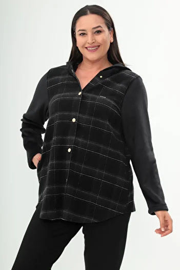 Metpoint Trend42Plus Plaid Pattern Black Coat with Snap Button Pocket Detail
