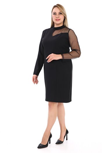 etselements Tulle Detail Crew Neck Evening Dress - 7069
