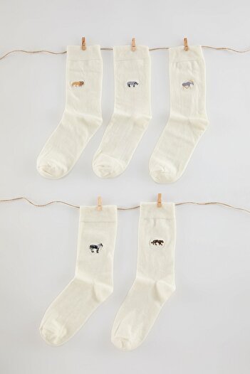 Trendyol Collection Pack of 5 Ecru Unisex Embroidered Cotton Socks-Long Socks Tmnaw25Co00018
