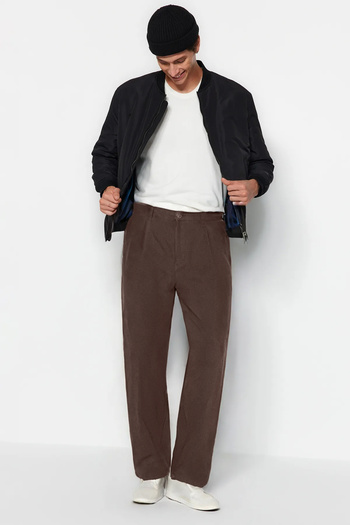 Trendyol Collection Unisex Khaki Balloon Fit Trousers - Gabardine Cotton, Limited Edition Tmnaw25Pl00011