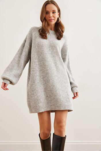 Olalook Women Gray Crew Neck Balloon Sleeve Soft Textured Knitwear Tunic Dresselb- 19001802