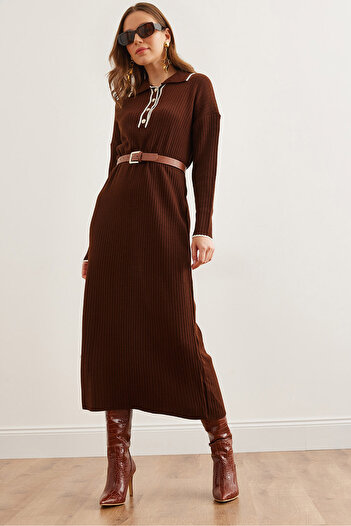 Olalook Women's Bitter Brown Polo Neck Stripe Detailed Maxi Knitwear Dresselb- 19002309