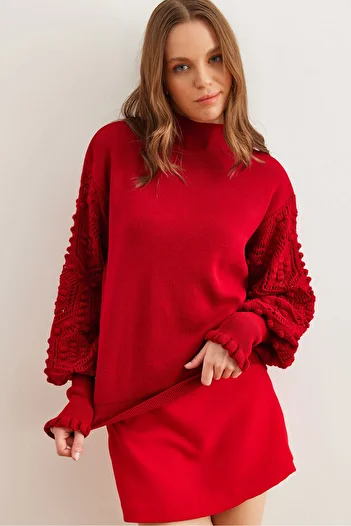 Olalook Women's Red Sleeve Detailed Soft Textured Sweater Kzk- 19000175