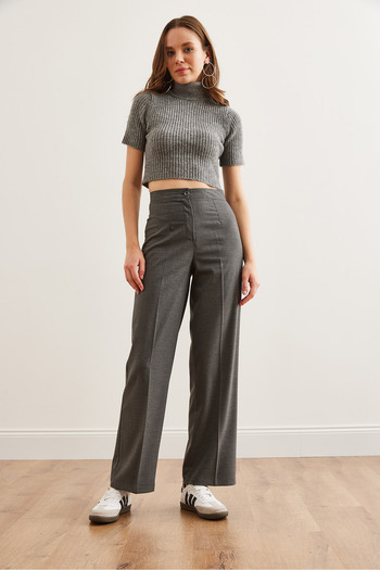 Olalook Women's Smoked Single Button Polyviscose Wide Leg Pantspnt- 19000305