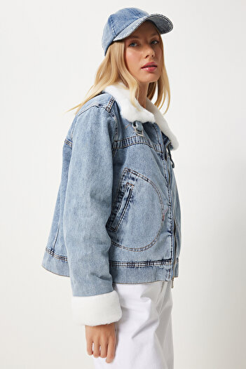 Happiness İstanbul Γυναικείο τζιν μπουφάν Blue Faux Fur - RV00201