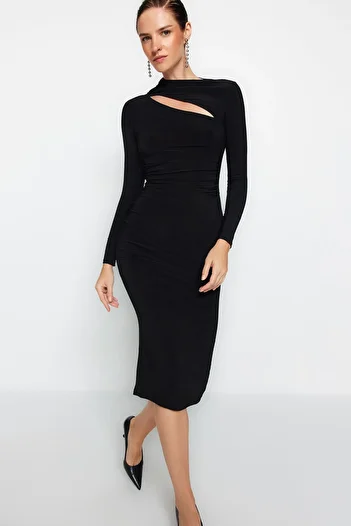 Trendyol Collection Rochie neagră tricotată elastică midi, cu decupaj, cu detalii TWOAW24EL00142