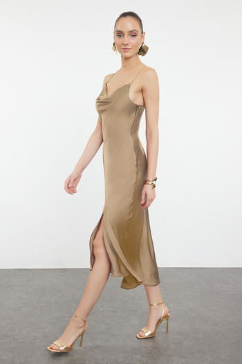 Trendyol Collection Mink Lining Woven Satin Stylish Evening Dress Night Graduation Dress Tprss19Bb0058