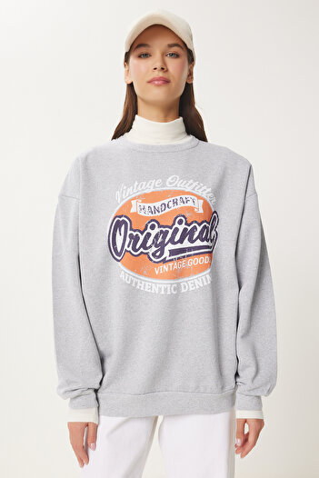 Happiness İstanbul Women's Gray Printed Raised Sweatshirt DZ00003
