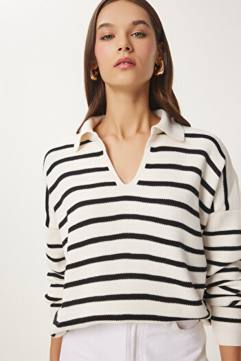 Happiness İstanbul Női Bone Polo galléros Crop Knit pulóver US00293