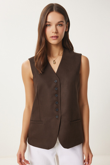 Happiness İstanbul Women's Dark Brown V-Neck Nubuck Vest Fn03387