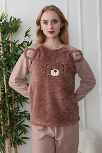 Trendyol Collection Wellsoft zimní pletené pyžamo - puntíkovaný medvídek, hnědá Thmaw25Pt00240