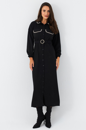 Cool & Modest Black Maxi Shirt Dress - with Belt, Masf17