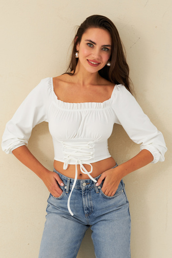 Cool & Sexy Γυναικεία Λευκή Δαντέλα Λεπτομερής Crop Μπλούζα CG387