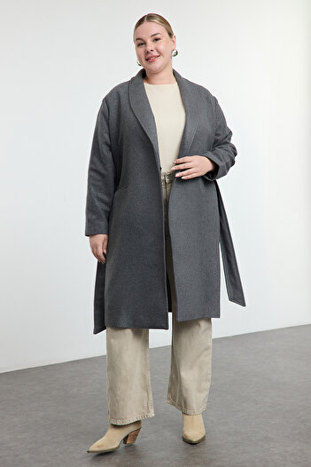 Trendyol Curve Gray Oversize Stamp Coat - Belted, Woven, Tbbaw23Kb00004