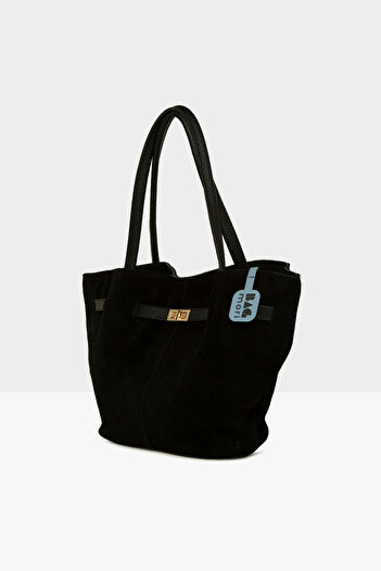 Bagmori Black Women's Genuine Split Leather Accessory Garnished Tote Bag m 000008520