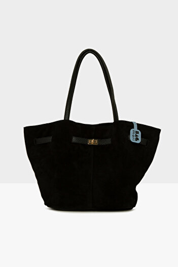 Bagmori Black Women's Genuine Split Leather Accessory Garnished Tote Bag m 000008520