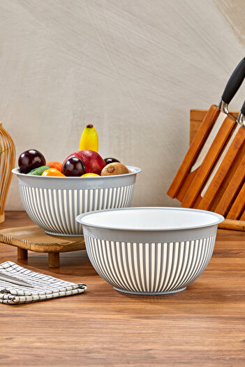 Milenay 3.6Lt Large Size Set of Two - Striped Modern Design Fruit, Vegetable and Salad Bowl