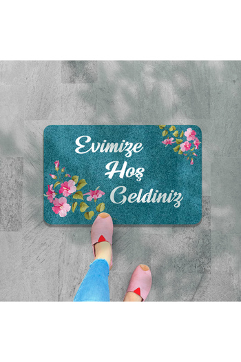 M&H Quality Welcome Written Digital Printed Flower Pattern Hooded Non-slip Mat - Washable for Inside and Outside