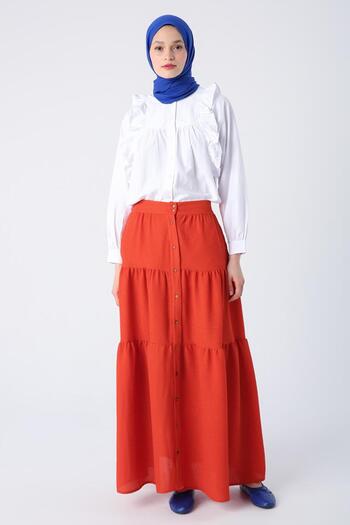 ALLDAY Pomegranate Flower-Buttoned Ruffled Wrapped Skirt with Elastic Waist