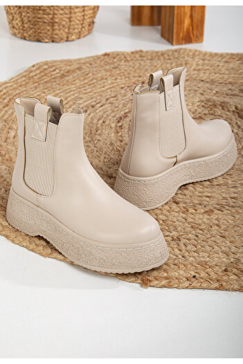 Mc vay Shoes 014 Μπεζ δερμάτινες ελαστικές κομψές γυναικείες μπότες με λεπτομέρειες