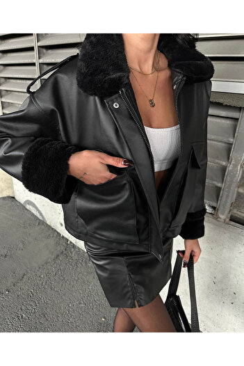 Ekim Store Fur Lined Crop Leather Coat
