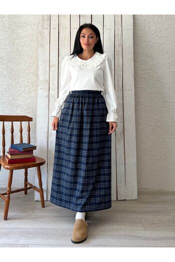 KÜÇÜĞÜM BUTİK Navy Blue Plaid Patterned Flared Skirt