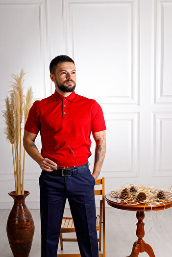 Sarar Κόκκινο Premium Polo Neck Regular Fit Βαμβακερό T-Shirt