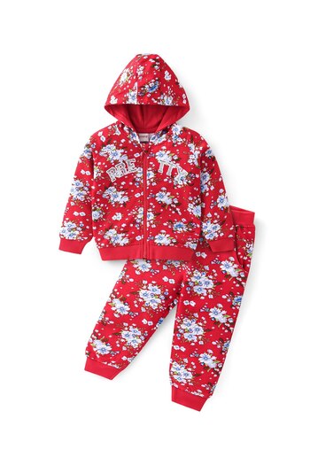 Babyhug 100% Cotton Knit Full Sleeves Hoodie & Lounge Pants/Co-ord Set With Floral Print - Red
