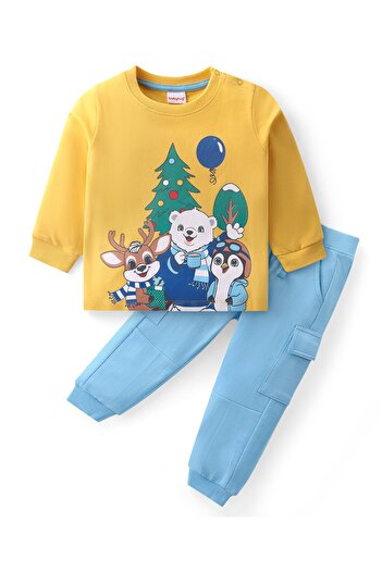 Babyhug - Cotton Knit Full Sleeves T-Shirt & Jogger Pants Set With Animals Print - Yellow & Blue
