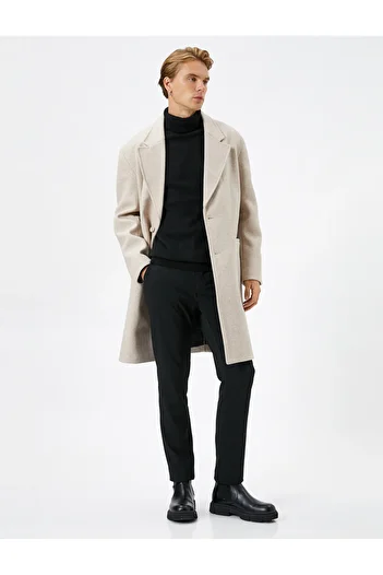 Koton Long Coat Button Detailed Wide Collar Pocket