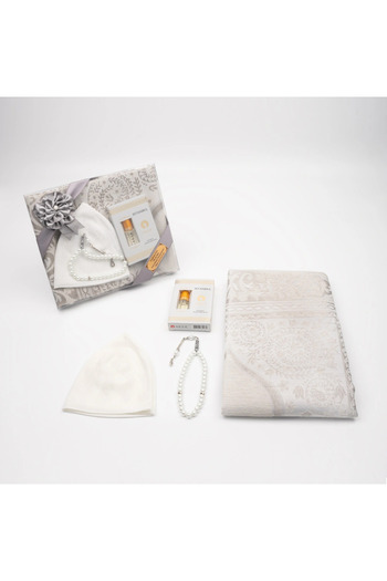 Hayrat Neşriyat Skullcap + Essence + Prayer Beads + Prayer Rug Gift Set (Gray)