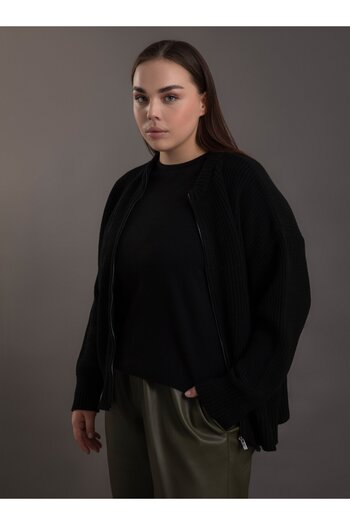 ALİA Large Size Knitwear Bomber Cardigan with Zipper Detail - Black - Alia